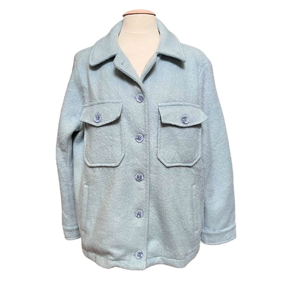She + Sky Light Blue Felted Faux Fur Button Up Jacket Shacket Lined Size L